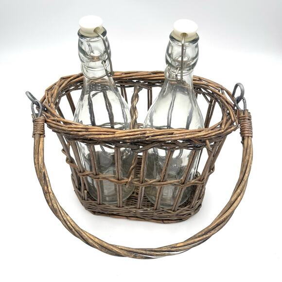 BOHO VINTAGE Two Swing Top Bottles in Wicker Carrier - Picture 8 of 14